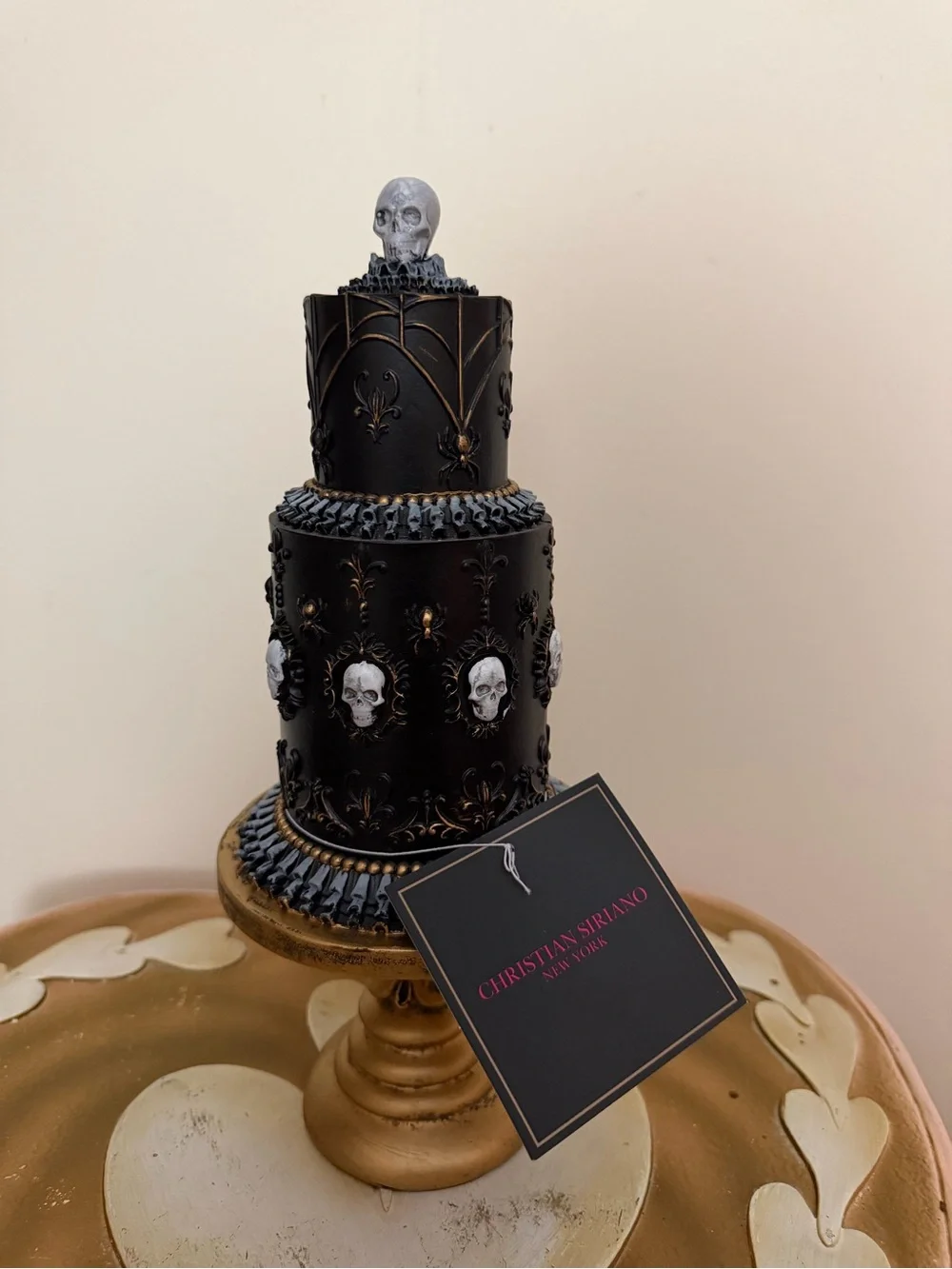 Christian Siriano Halloween Resin Black Cake with Skulls on Gold Pedestal